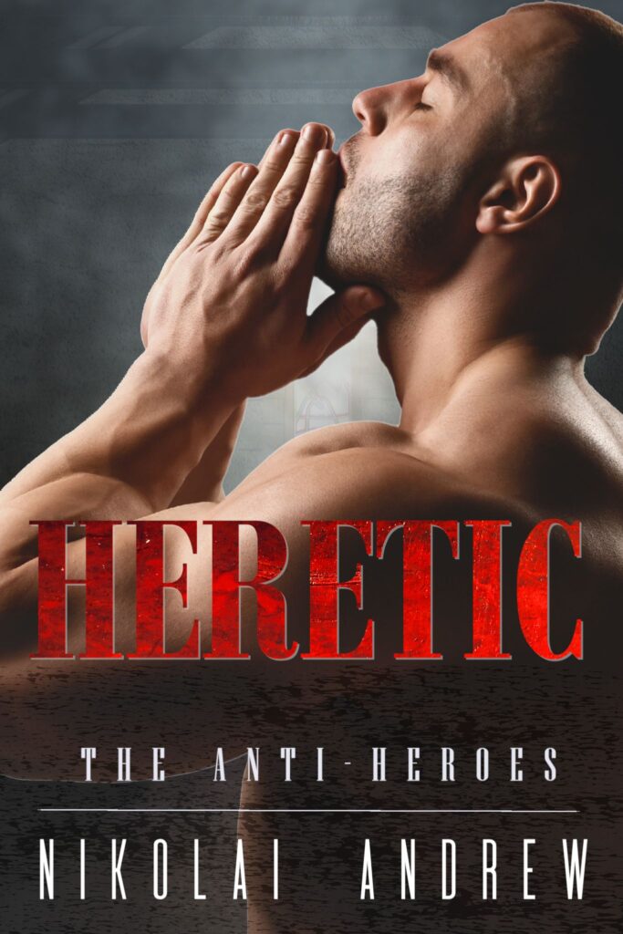 Cover image for Heretic. An attractive man looks up, hands clasped as if in prayer.